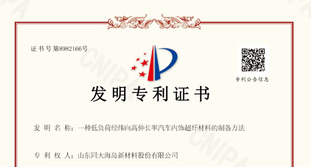 技术赋能再添新绩 | 同大股份（300321.SZ）斩获汽车内饰超纤材料发明专利
